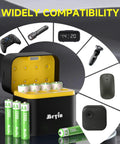 8 Slot Rechargeable Battery Charger Kit With 4 AA And 4 AAA Li Batteries shown with devices for compatibility
