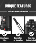Unique features of Heavy Duty 8 Ton Double Ram Hydraulic Bottle Jack for Auto Repair and Home Lifts by Torin ATH80802XB