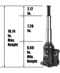 Heavy Duty 8 Ton Double Ram Hydraulic Bottle Jack for Auto Repair and Home Lifts by Torin ATH80802XB with lift range measurements