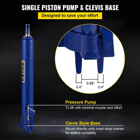 Beefy 8 Ton Hydraulic Long Ram Jack With Single Piston Pump And Clevis Base For Garage And Shop Cranes Engine Lifts Blue
