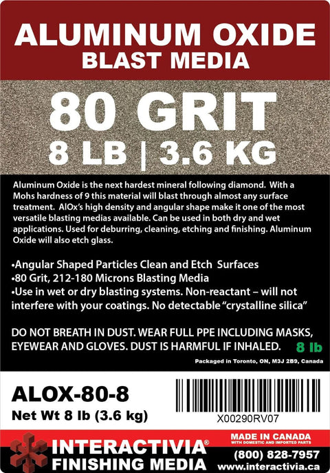 80 Grit Aluminum Oxide Blasting Media 8 lb Bag for Dry and Wet Blasting use label with product details