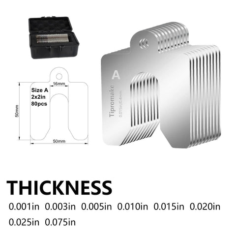80 Piece 2 By 2 Inch Shim Stock Set With Storage Box, 304 Stainless Steel Slotted Shims for Leveling and Machining, eight thicknesses.