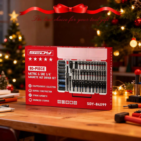 80-Piece Premium Magnetic Impact Nut Driver Set Metric And SAE With Socket Adapters, Bit Holder, Wing Nut Driver, Universal Sockets box on table