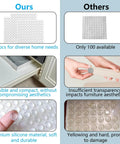 Comparison of 800 Pack Clear Cabinet Door Bumpers Self Adhesive Cushions vs 100 pack highlighting visibility, material, and durability.