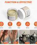 80000 Grit Diamond Polishing Paste With Twenty Five Percent Diamond Powder Point One Micron For Metal Glass Stone Resin Watch Jewelry Gemstones Oil Based High Performance Delivers Mirror Like Finish On Metal Glass Stone Resin And Watch Parts 50 Gram Pack shown in open jar with examples of use on metal and jewelry.