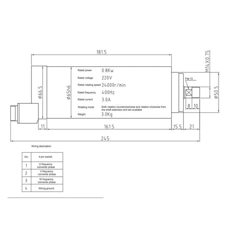Technical diagram of 800W Air Cooled Spindle Motor With ER11 Taper For CNC Machines Four Bearing Design GDF65 24Z 0.8