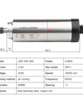 Diagram of Air Cooled Spindle Motor 800W 220V 380V Milling Spindle with ER11 collet, showing measurements and specifications