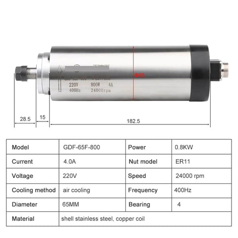 Diagram of Air Cooled Spindle Motor 800W 220V 380V Milling Spindle with ER11 collet, showing measurements and specifications
