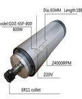 Beefy 800W Air Cooled ER11 CNC Milling Spindle, 220V, 65x188mm, with specs showing four bearing design and fan cooling for CNC machining.