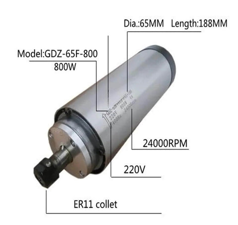 Beefy 800W Air Cooled ER11 CNC Milling Spindle, 220V, 65x188mm, with specs showing four bearing design and fan cooling for CNC machining.