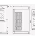 Technical diagram of 1.5kW VFD inverter for 800W ER11 CNC spindle motor with air cooling, showing dimensions and control layout.