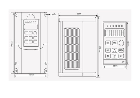 Technical diagram of 1.5kW VFD inverter for 800W ER11 CNC spindle motor with air cooling, showing dimensions and control layout.