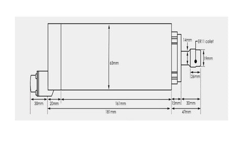 Diagram of 800W ER11 CNC Spindle Motor With Air Cooling, with 65mm mount dimensions and ER11 collet specifications.