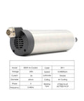 800W ER11 CNC Spindle Motor With Air Cooling, 65mm mount, in silver, side view with specifications table
