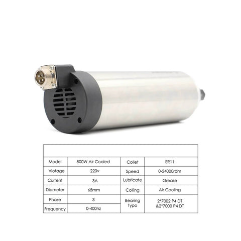 800W ER11 CNC Spindle Motor With Air Cooling, 65mm mount, in silver, side view with specifications table