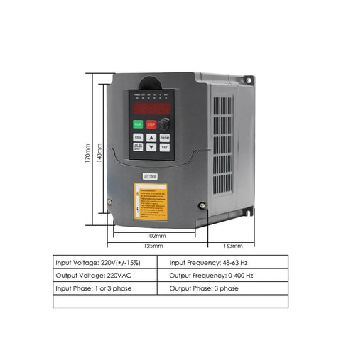 1.5kW VFD inverter for 800W ER11 CNC Spindle Motor With Air Cooling, 65mm Mount, front view with dimensions and specifications