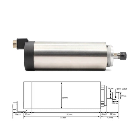 800W ER11 CNC Spindle Motor With Air Cooling, 65mm Mount, detailed side view, smooth stainless steel cylindrical design