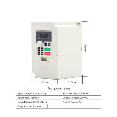800W ER11 CNC Spindle Motor With Air Cooled Design, 65mm Shaft, VFD inverter shown with dimensions and parameters table