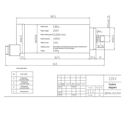 Technical diagram of 800W Air Cooled Spindle Motor For CNC Router With ER11 Bearings Four Pack High Speed Brushless Drive For Precision Machining Compatible With GDF65 24Z 0 8 And Other Common CNC Machines.
