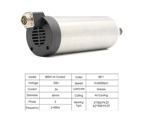 CNC Air Cooled Spindle Motor 65mm With 4 Bearings 800W ER11 Chuck 220V showing connector and specifications