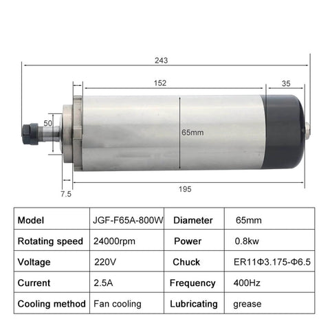 Diagram of 800W CNC Spindle For Hobbyists And Pros, 220V And 380V Circular Air Cooled ER11 65mm with dimensions and specifications.