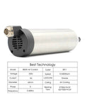 Image of the 800W ER11 Air Cooled Spindle Motor With 65mm Mount 4 Bearing Precision Build, shown with its specifications for CNC routers.