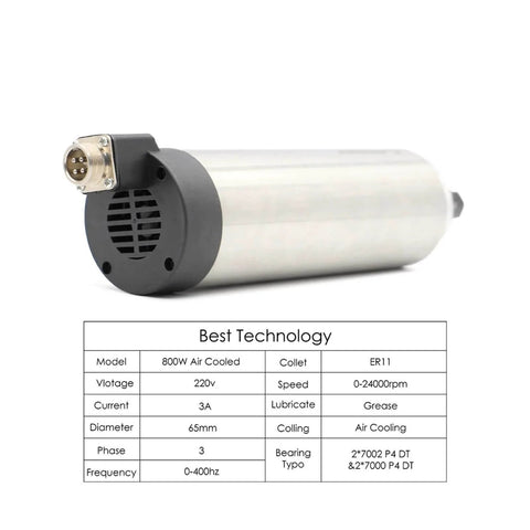 Image of the 800W ER11 Air Cooled Spindle Motor With 65mm Mount 4 Bearing Precision Build, shown with its specifications for CNC routers.