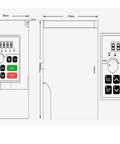 Diagram of the 1.5kW VFD inverter for Beefed Up 800W ER11 CNC Spindle Motor showing dimensions and control panel layout.