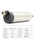 Beefed Up 800W ER11 CNC Spindle Motor with 65mm shaft, air cooled, four bearings, shown with technical specifications table
