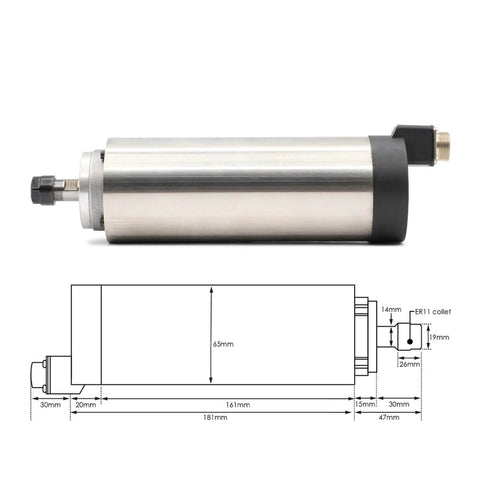 Beefed Up 800W ER11 CNC Spindle Motor, Air Cooled 65mm Shaft, Four Bearing High Speed Spindle, Includes 1.5kW VFD Inverter and diagram