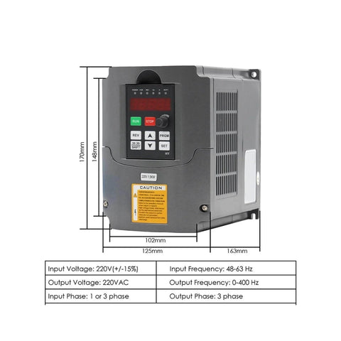 Dimensions of 1.5kW VFD Inverter for Beefy 800W ER11 Air Cooled Spindle Motor With 65mm Mount, front view