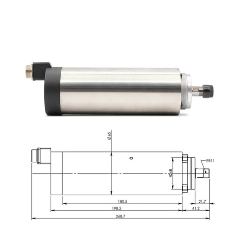 Side view of Beefy 800W ER11 Air Cooled Spindle Motor With 65mm Mount And Four Bearing Design, includes technical drawing