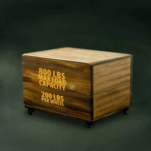 Wooden box on 1.5 Inch Heavy Duty Polyurethane Caster Wheels, Rigid Fixed Non Swivel, supporting 800 lbs total capacity