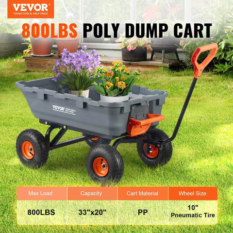 800 lb Poly Dump Garden Cart Heavy Duty Yard Dump Wagon with plants, steel frame, 4 wheels, quick release, and rotating handle