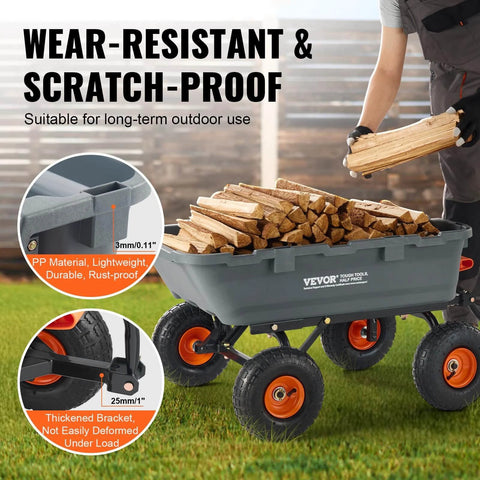 800 lb Poly Dump Garden Cart Heavy Duty Yard Dump Wagon with steel frame and 10 inch tires loaded with firewood outdoors