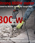 800W SDS Plus Rotary Hammer Drill in use, demolishing concrete with demolition chisels and drill bits, strong 800W motor