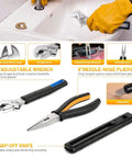 6" adjustable wrench, 6" needle-nose pliers, and snap-off knife from 56-Piece Home Repair Tool Kit With Precision Screwdriver Set.