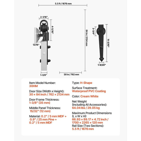 Diagram of Sliding Barn Door Kit With Hardware 30 By 84 Inch MDF Panel Water Resistant PVC Coating showing dimensions and specifications.