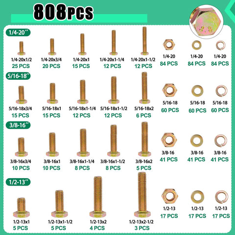 Hex Head Nuts and Bolts Assortment Kit Grade 8.8 With Gold Zinc Plating and Washers SAE Heavy Duty Fasteners Set Includes 19 Sizes chart