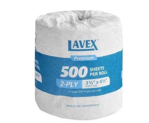 Lavex Premium 2-ply white toilet paper roll, 500 sheets per roll, 3.5 in x 4.5 in sheet size
