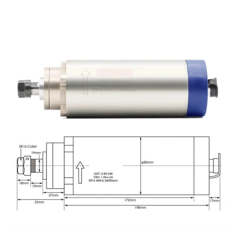 80mm 1.5kW ER16 Air Cooled CNC Spindle With Beefy Four P4 Bearings, 0.01mm Runout, Aluminum Housing, diagram and dimensions shown