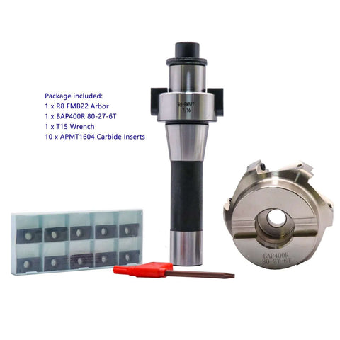 80mm Face End Mill Cutter With 3.15 Inch Diameter And 6 Flutes Indexable CNC Shell Cutter For Boss Grade Precision Aluminum And Steel Machining Includes R8 Arbor Seven Sixteenths By Twenty Thread Ten APMT1604 Carbide Inserts And T15 Wrench