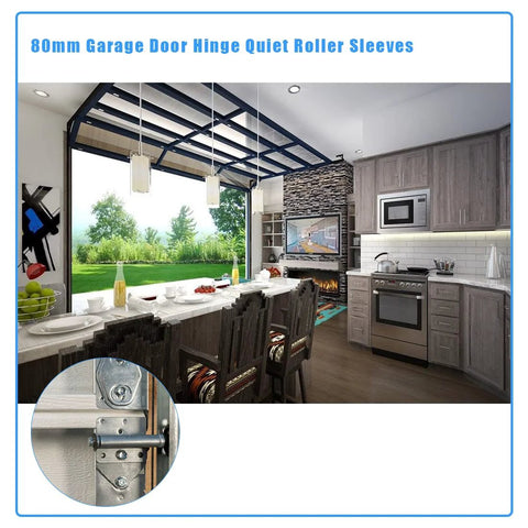Interior view showcasing 80mm Garage Door Hinge Quiet Roller Sleeves with a close-up of installed hinge on a kitchen backdrop.