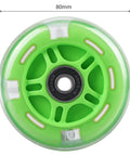 Close-up of green 80mm Light Up Scooter Rear Wheel with bearings and polyurethane LED for inline skate replacement.