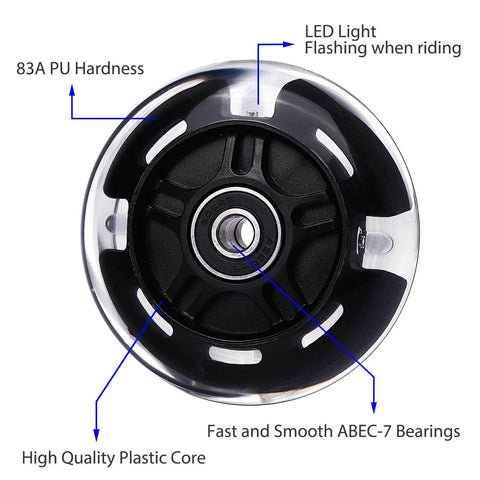 Front view of 80mm Light Up Scooter Rear Wheels 2 Pack with Bearings Polyurethane LED Inline Skate Replacement Wheels Black showing construction details.