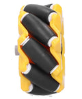 Side view of Omni Directional Mecanum Wheel Set For Robots 3.1 Inch 80 Mm Two Pairs DIY Robot Car Projects in yellow/black finish.