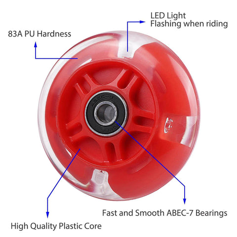 Close-up of 80mm Light Up Scooter Rear Wheel in red, showing LED lights, PU material, and installed bearings.