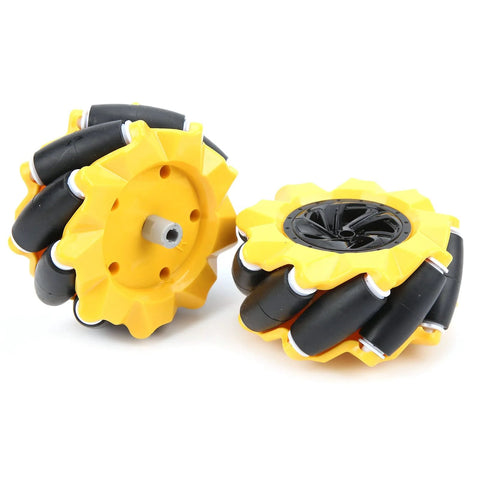 80mm mecanum wheel for robotics with yellow ABS and black rubber design for omnidirectional movement in DIY projects.