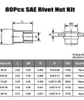 Diagram showing dimensions and size chart for Rivet Nut Kit 80 Piece SAE Fastener Assortment For Auto And Metalworking With 8-32 10-24 1/4-20 5/16-18 3/8-16 304 Stainless Knurled Flat Head Rivnuts VGBUY VG30528.