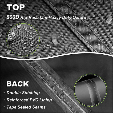 Close-up of Waterproof 900D Patio Hanging Chaise Lounge Cover showing heavy duty Oxford material and taped seams.